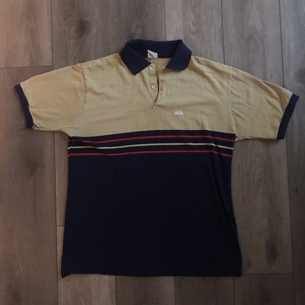 VTG 70’s Le Tigre Striped Polo Shirt Navy Red Tan